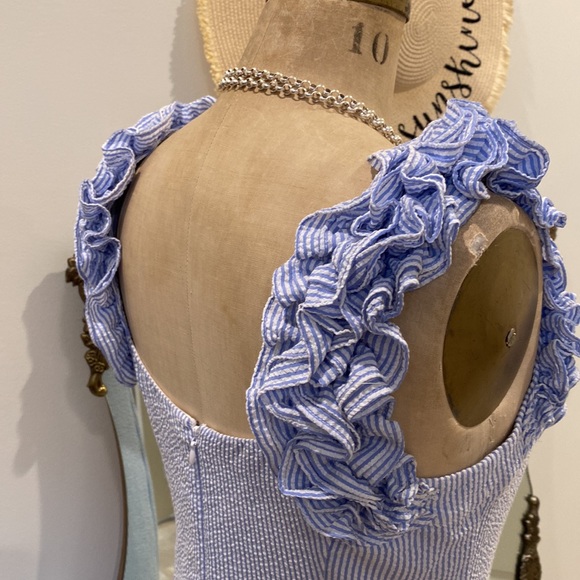 Eliza J Ruffle strap sheath dress striped seersucker size 4 - Picture 6 of 13